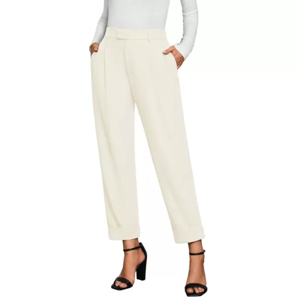 GRAPENT Cropped Pants for Women High Waisted Business Causal Pleated Elastic Waist Cuffed Hem Work Trousers Fall Dress PantsLight Beige