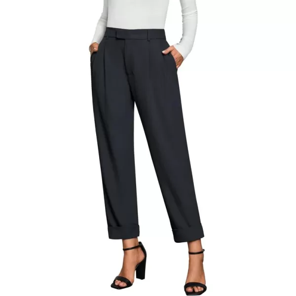 GRAPENT Cropped Pants for Women High Waisted Business Causal Pleated Elastic Waist Cuffed Hem Work Trousers Fall Dress PantsNavy Blue