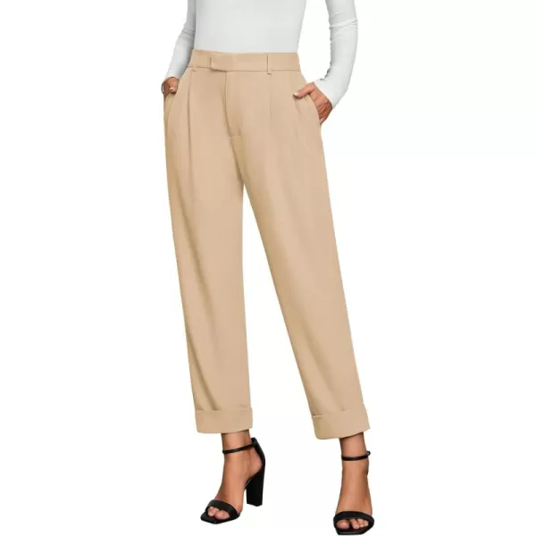 GRAPENT Cropped Pants for Women High Waisted Business Causal Pleated Elastic Waist Cuffed Hem Work Trousers Fall Dress PantsSand
