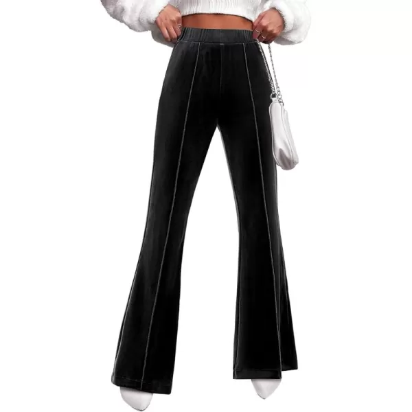 GRAPENT Flare Velvet Pants for Women High Waisted Wide Leg Stretch Elastic Waist Pull On Trousers Front Seam SlacksBlack
