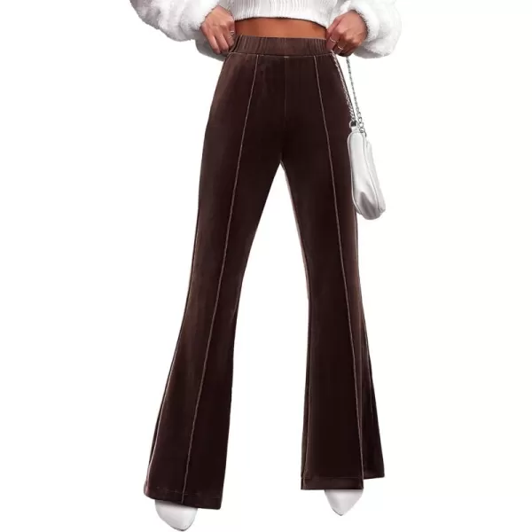 GRAPENT Flare Velvet Pants for Women High Waisted Wide Leg Stretch Elastic Waist Pull On Trousers Front Seam SlacksChocolate Brown