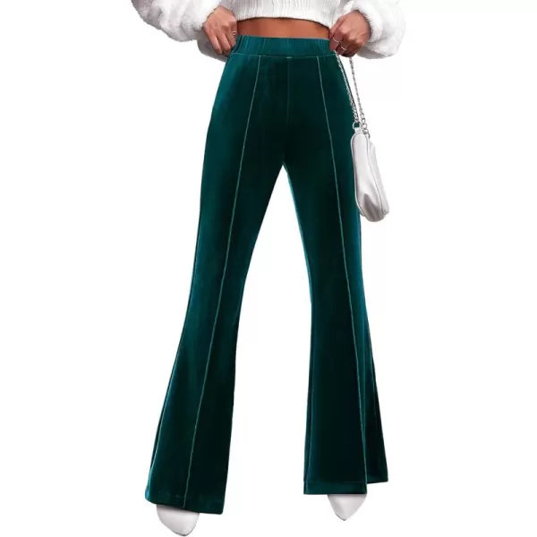 GRAPENT Flare Velvet Pants for Women High Waisted Wide Leg Stretch Elastic Waist Pull On Trousers Front Seam SlacksDark Green