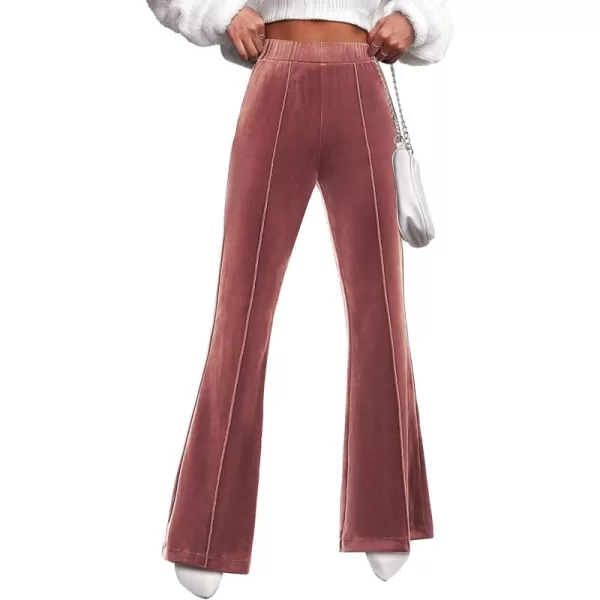 GRAPENT Flare Velvet Pants for Women High Waisted Wide Leg Stretch Elastic Waist Pull On Trousers Front Seam SlacksDusty Rose