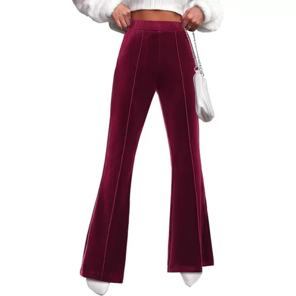GRAPENT Flare Velvet Pants for Women High Waisted Wide Leg Stretch Elastic Waist Pull On Trousers Front Seam SlacksWine Red