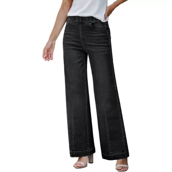 GRAPENT Pull On Womens Jeans Baggy Stretchy High Waisted Denim Wide Leg Trouser Pants Trendy Front Seam 90s Loose JeanBlack