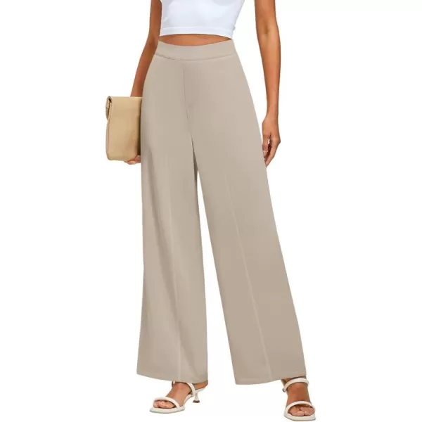 GRAPENT Wide Leg Dress Pants Women High Waisted Pull On Business Casual Work Pants Elastic Waist Dressy Trousers PocketsTan
