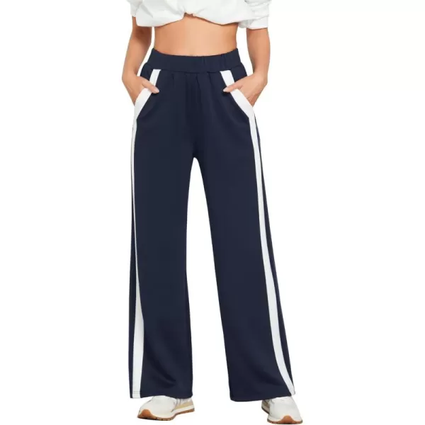 GRAPENT Wide Leg Sweatpants Women Baggy High Waisted Pull On Athleisure Loose Lounge Color Block Sweat Pants with PocketNavy Blue