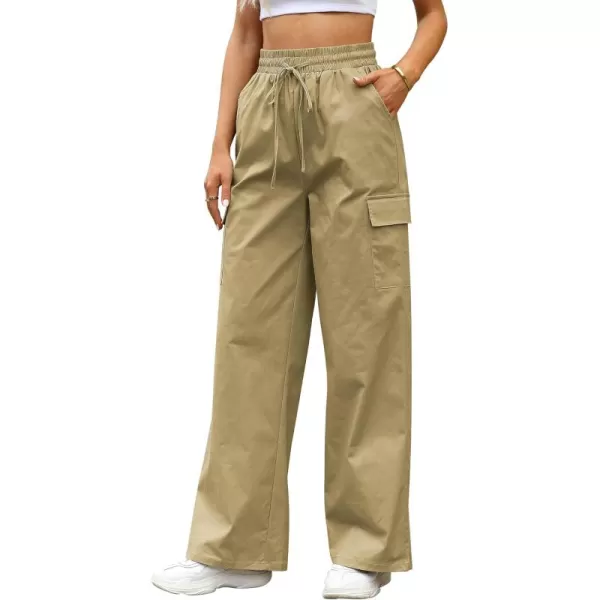 GRAPENT Womens Cargo Pants Wide Leg Baggy High Rise Pull On Elastic Waist Stretch Loose Pants with Pocket 90s Outfit Y2KKhaki