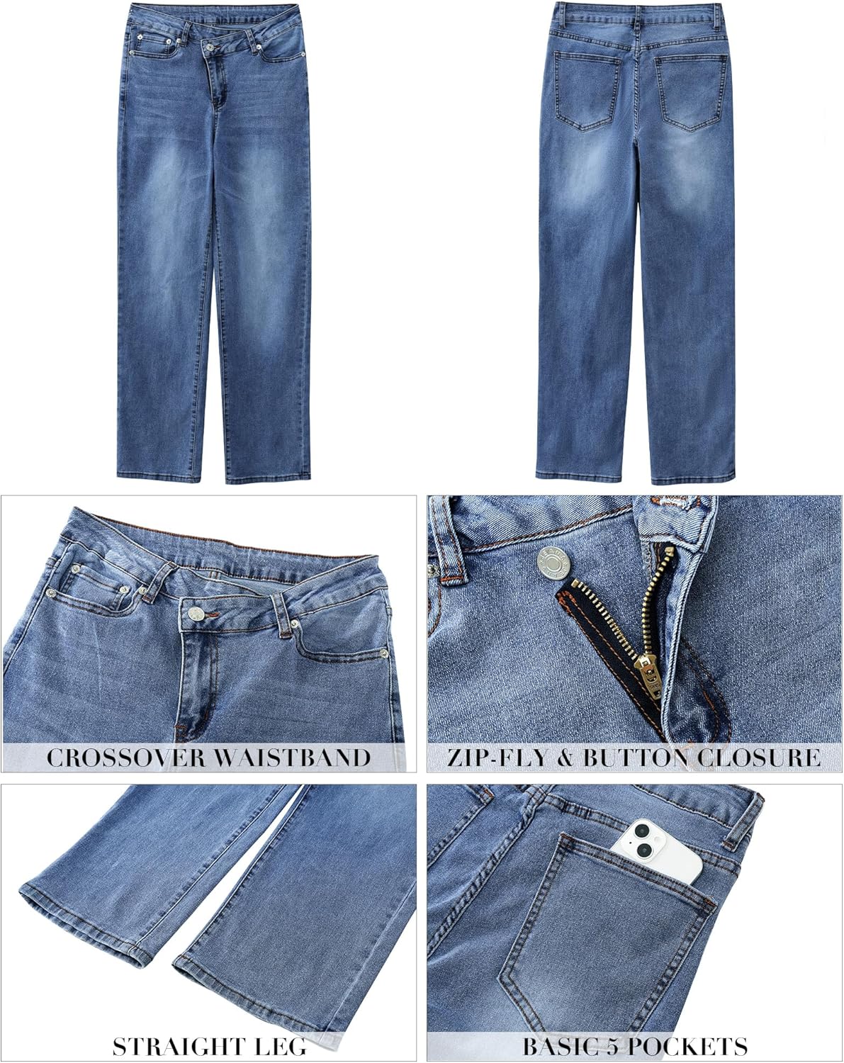 GRAPENT Baggy Jeans for Women High Waisted Straight Leg Crossover Trendy Stretch Denim Pants Slouchy Jeans with PocketsClassic Blue