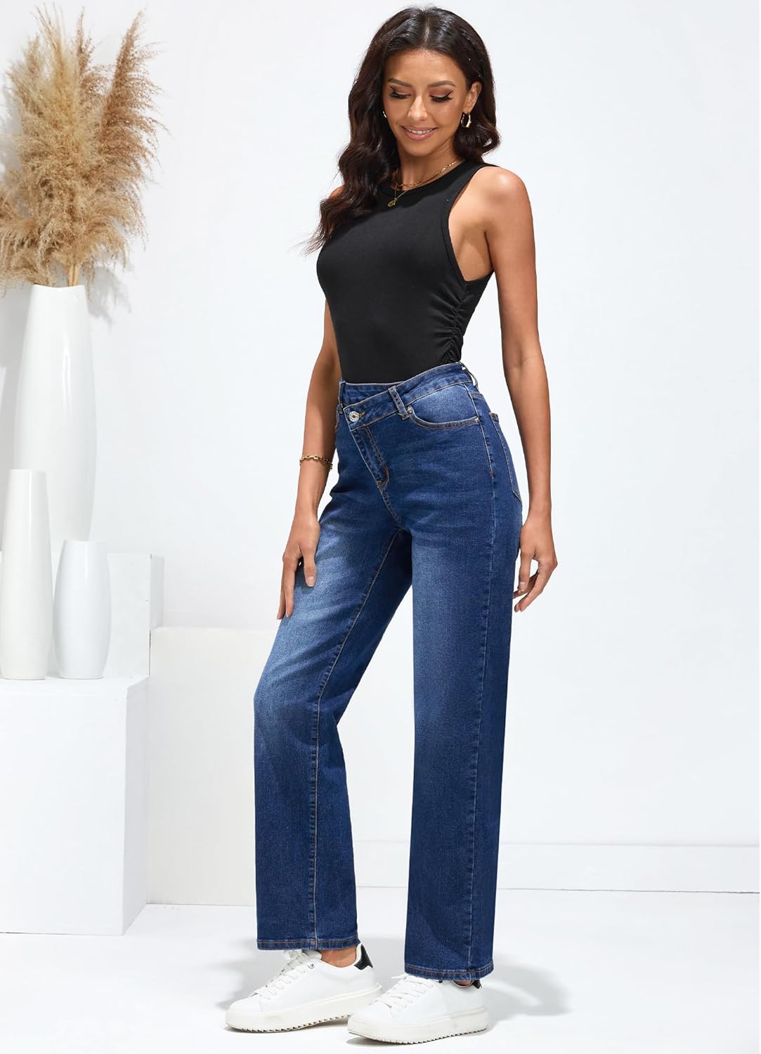 GRAPENT Baggy Jeans for Women High Waisted Straight Leg Crossover Trendy Stretch Denim Pants Slouchy Jeans with PocketsClassic Blue