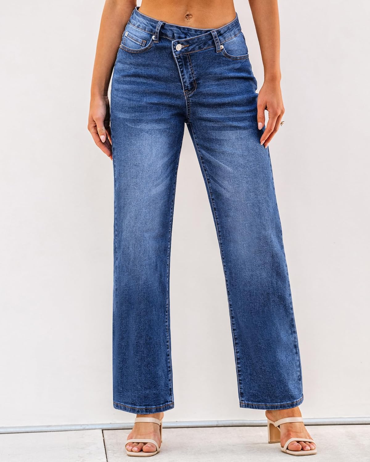GRAPENT Baggy Jeans for Women High Waisted Straight Leg Crossover Trendy Stretch Denim Pants Slouchy Jeans with PocketsClassic Blue