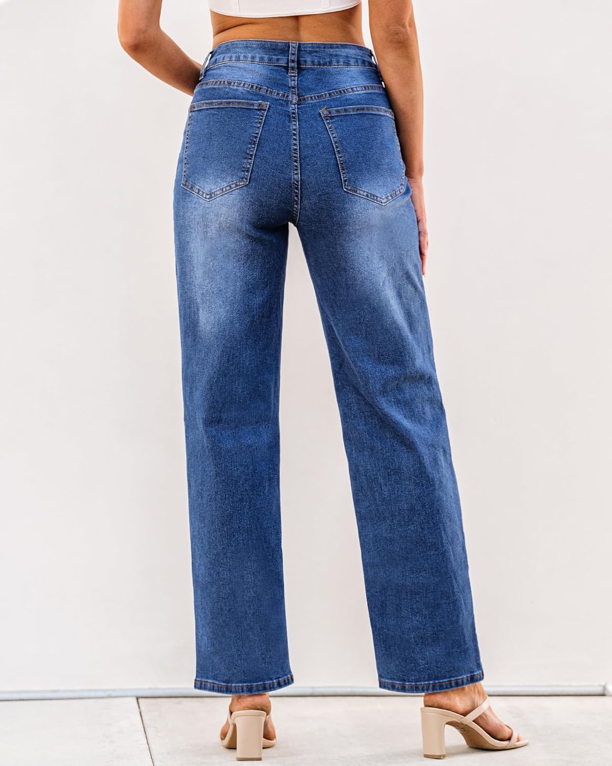 GRAPENT Baggy Jeans for Women High Waisted Straight Leg Crossover Trendy Stretch Denim Pants Slouchy Jeans with PocketsClassic Blue