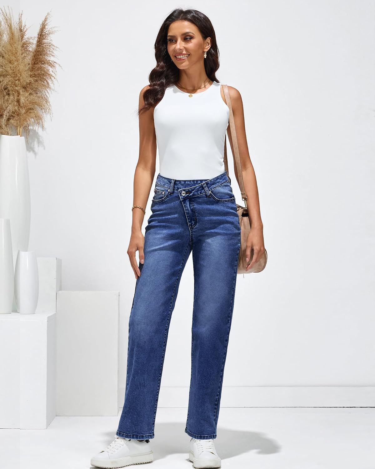 GRAPENT Baggy Jeans for Women High Waisted Straight Leg Crossover Trendy Stretch Denim Pants Slouchy Jeans with PocketsDarkness Blue