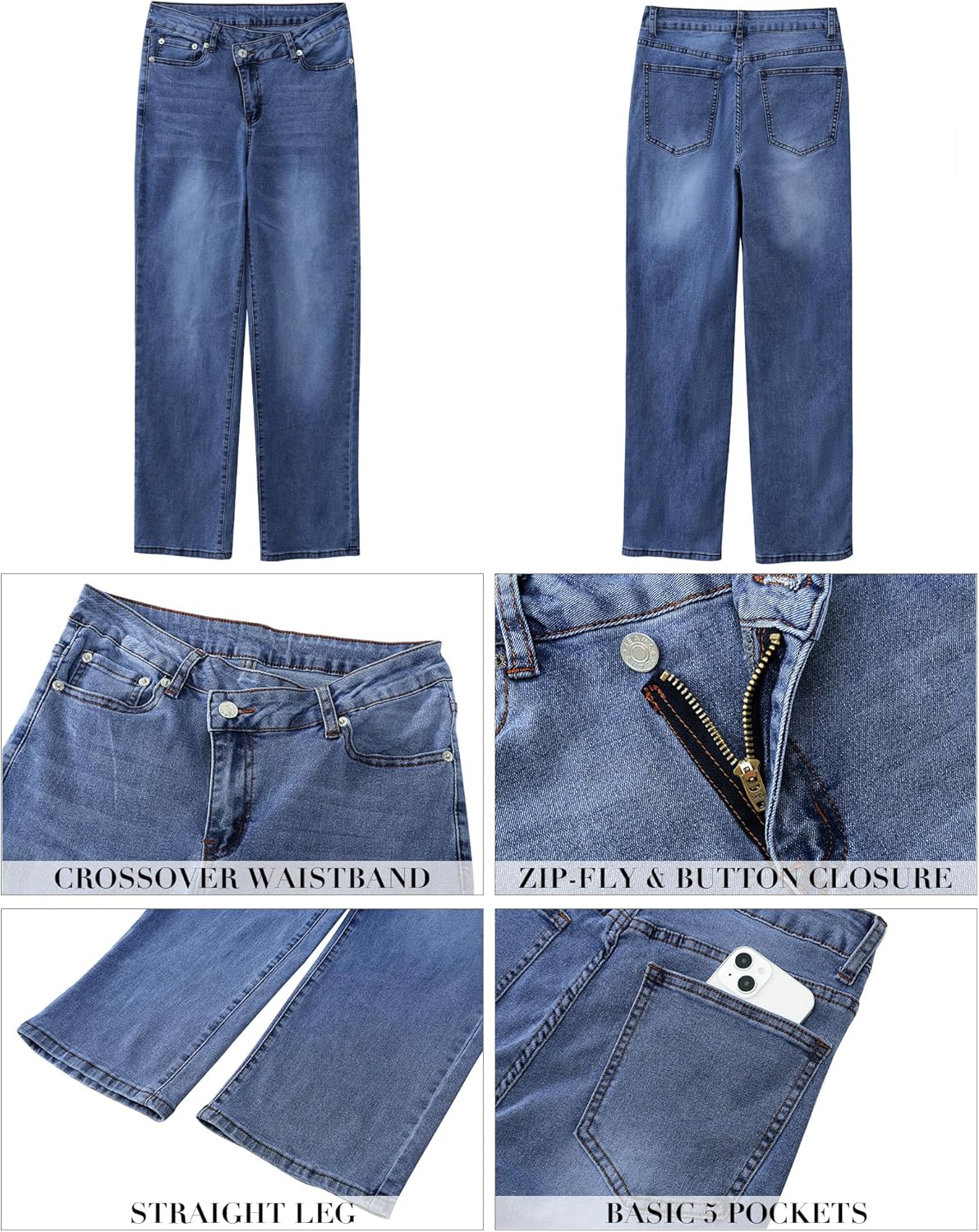 GRAPENT Baggy Jeans for Women High Waisted Straight Leg Crossover Trendy Stretch Denim Pants Slouchy Jeans with PocketsDarkness Blue