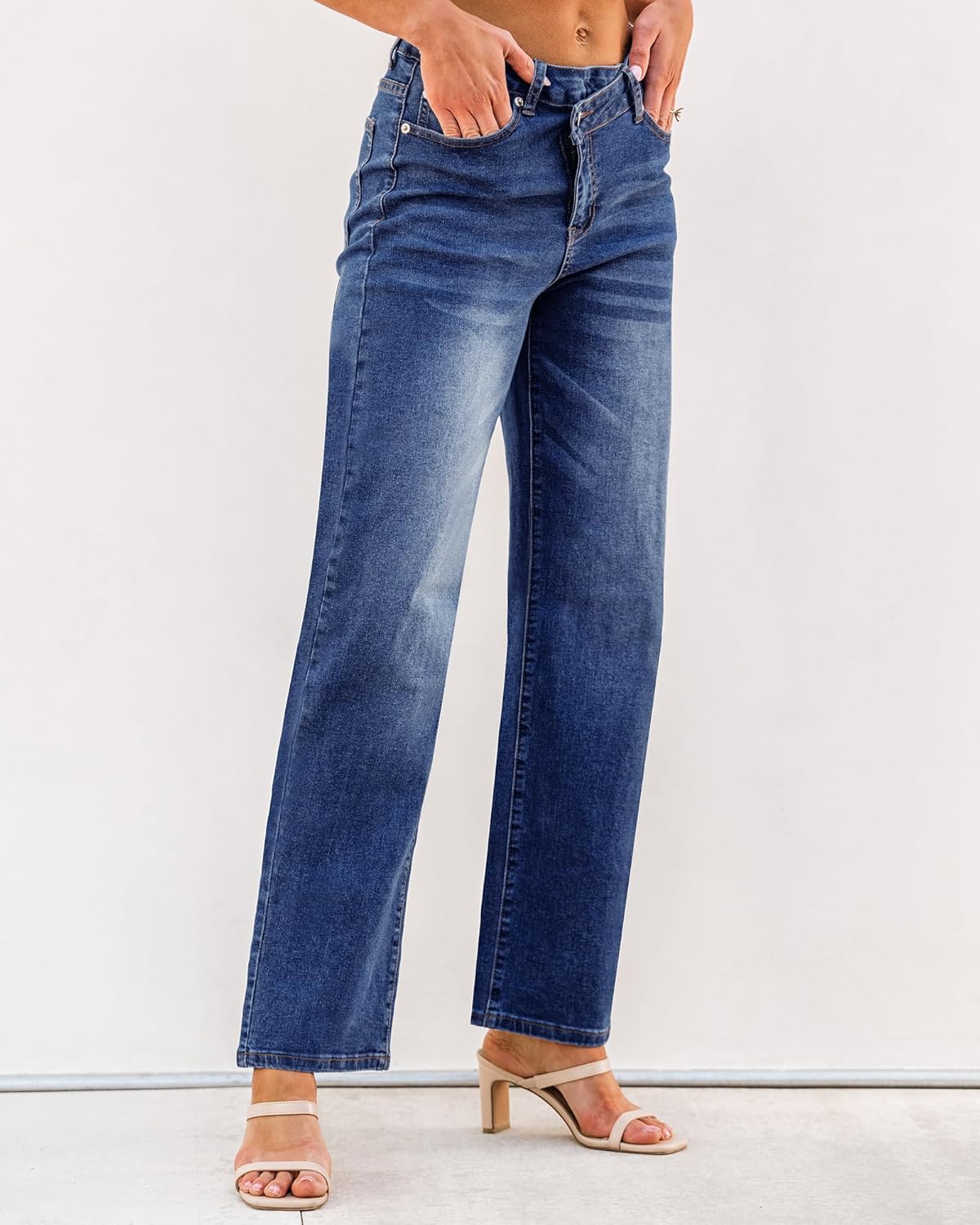 GRAPENT Baggy Jeans for Women High Waisted Straight Leg Crossover Trendy Stretch Denim Pants Slouchy Jeans with PocketsDarkness Blue