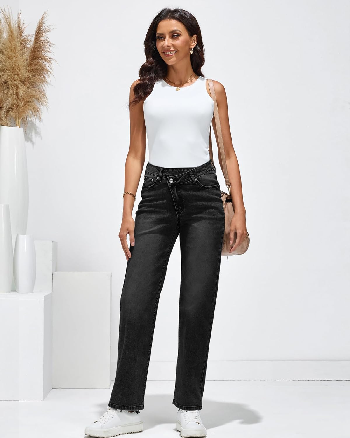 GRAPENT Baggy Jeans for Women High Waisted Straight Leg Crossover Trendy Stretch Denim Pants Slouchy Jeans with PocketsFaded Black