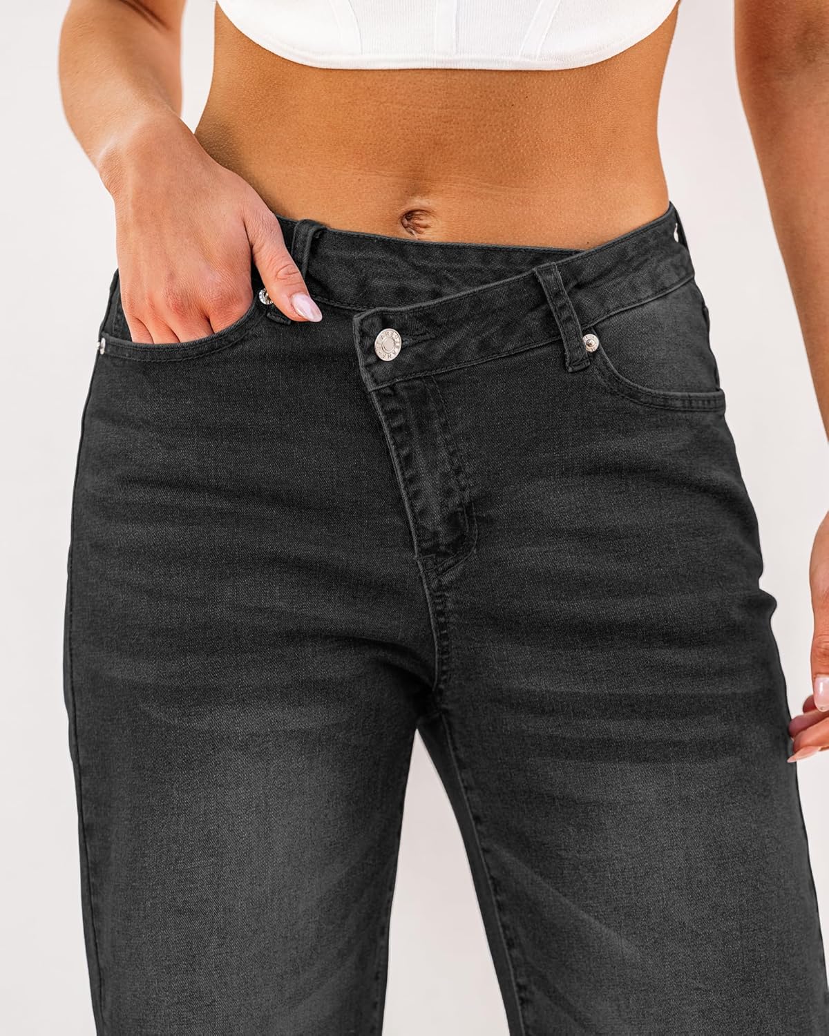 GRAPENT Baggy Jeans for Women High Waisted Straight Leg Crossover Trendy Stretch Denim Pants Slouchy Jeans with PocketsFaded Black