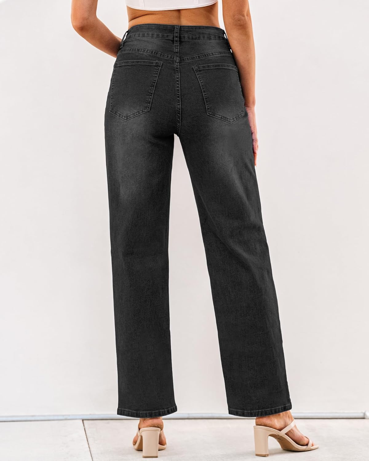 GRAPENT Baggy Jeans for Women High Waisted Straight Leg Crossover Trendy Stretch Denim Pants Slouchy Jeans with PocketsFaded Black