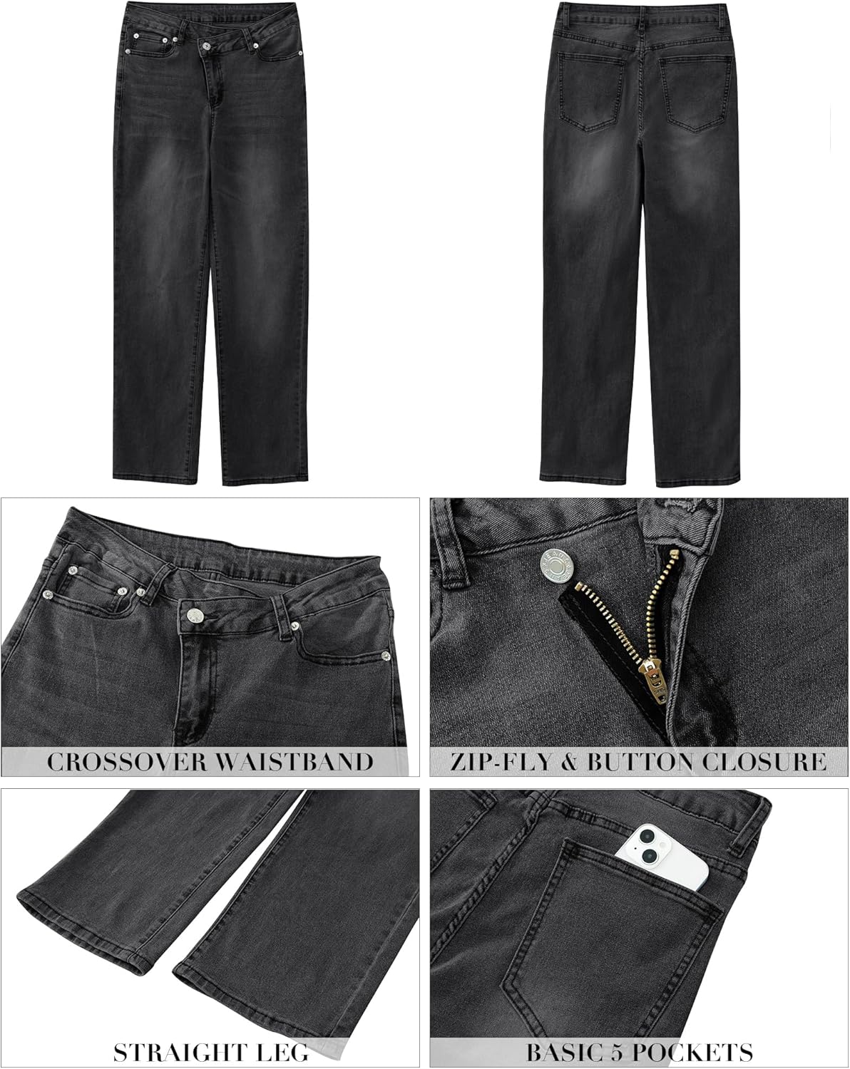 GRAPENT Baggy Jeans for Women High Waisted Straight Leg Crossover Trendy Stretch Denim Pants Slouchy Jeans with PocketsFaded Black