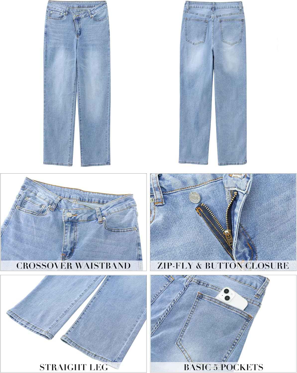 GRAPENT Baggy Jeans for Women High Waisted Straight Leg Crossover Trendy Stretch Denim Pants Slouchy Jeans with PocketsLakeside Blue