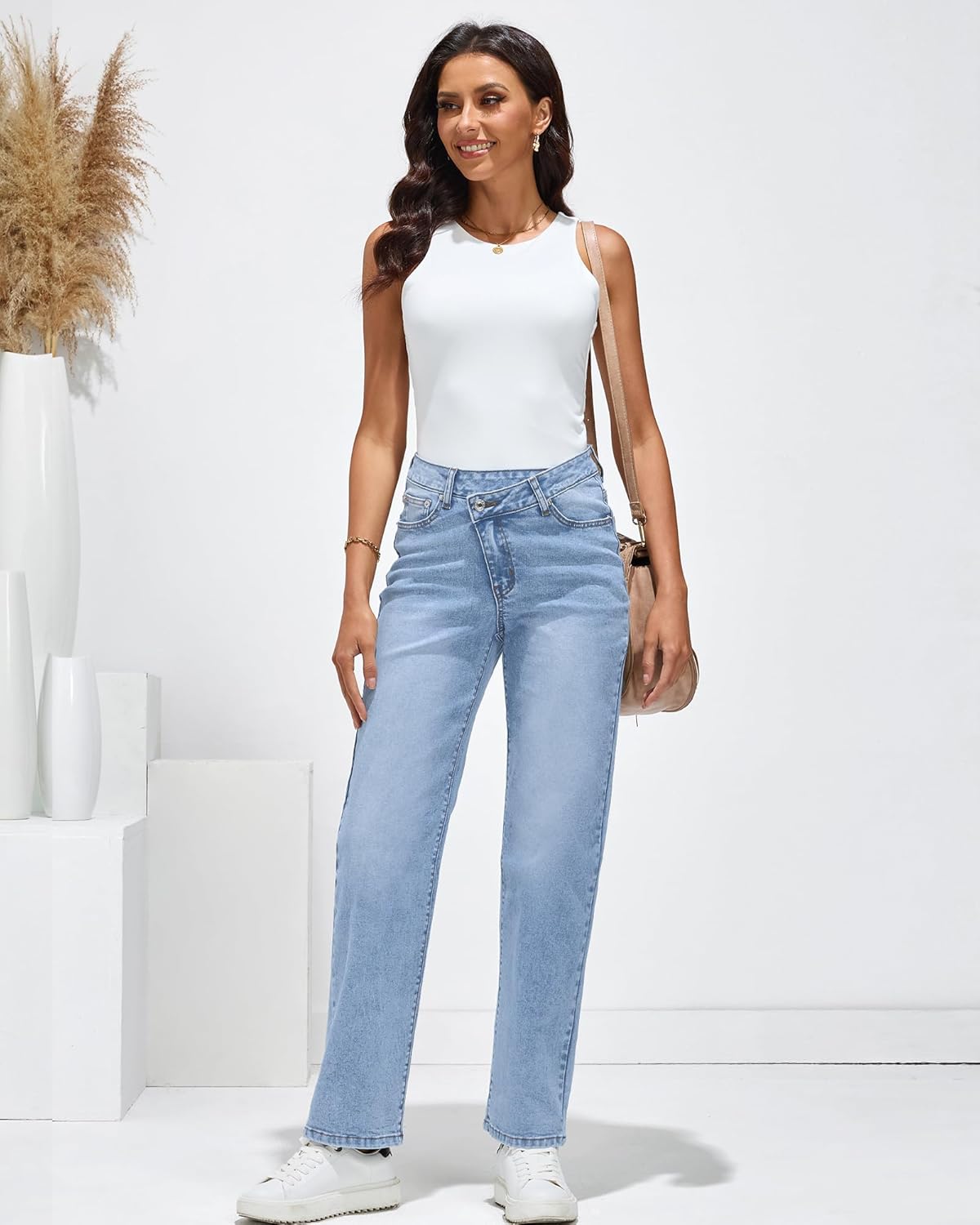 GRAPENT Baggy Jeans for Women High Waisted Straight Leg Crossover Trendy Stretch Denim Pants Slouchy Jeans with PocketsLakeside Blue