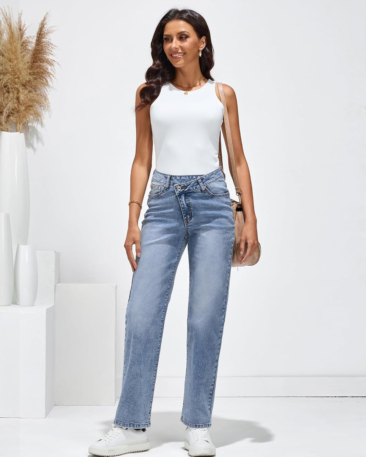 GRAPENT Baggy Jeans for Women High Waisted Straight Leg Crossover Trendy Stretch Denim Pants Slouchy Jeans with PocketsLapis Blue