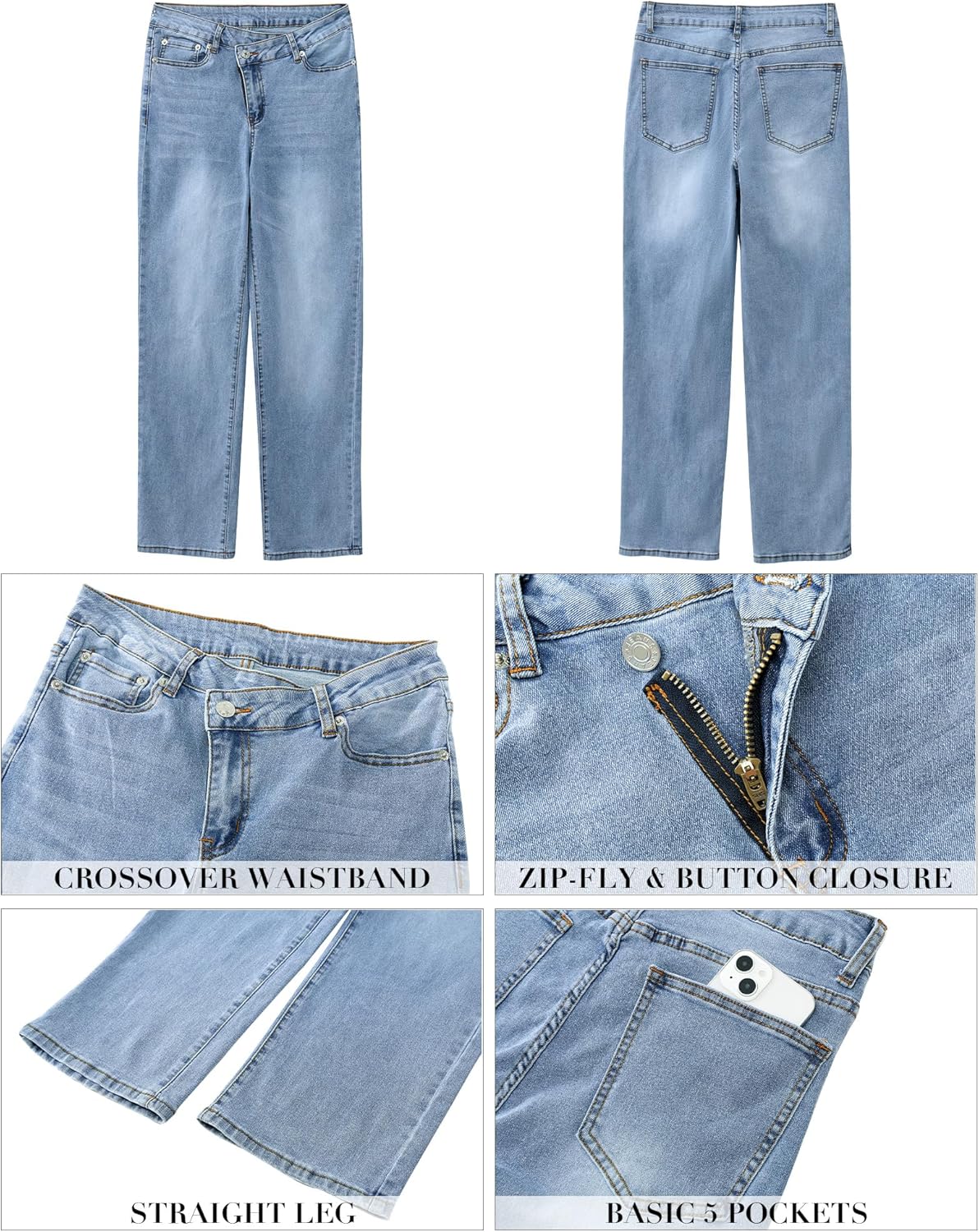 GRAPENT Baggy Jeans for Women High Waisted Straight Leg Crossover Trendy Stretch Denim Pants Slouchy Jeans with PocketsLapis Blue