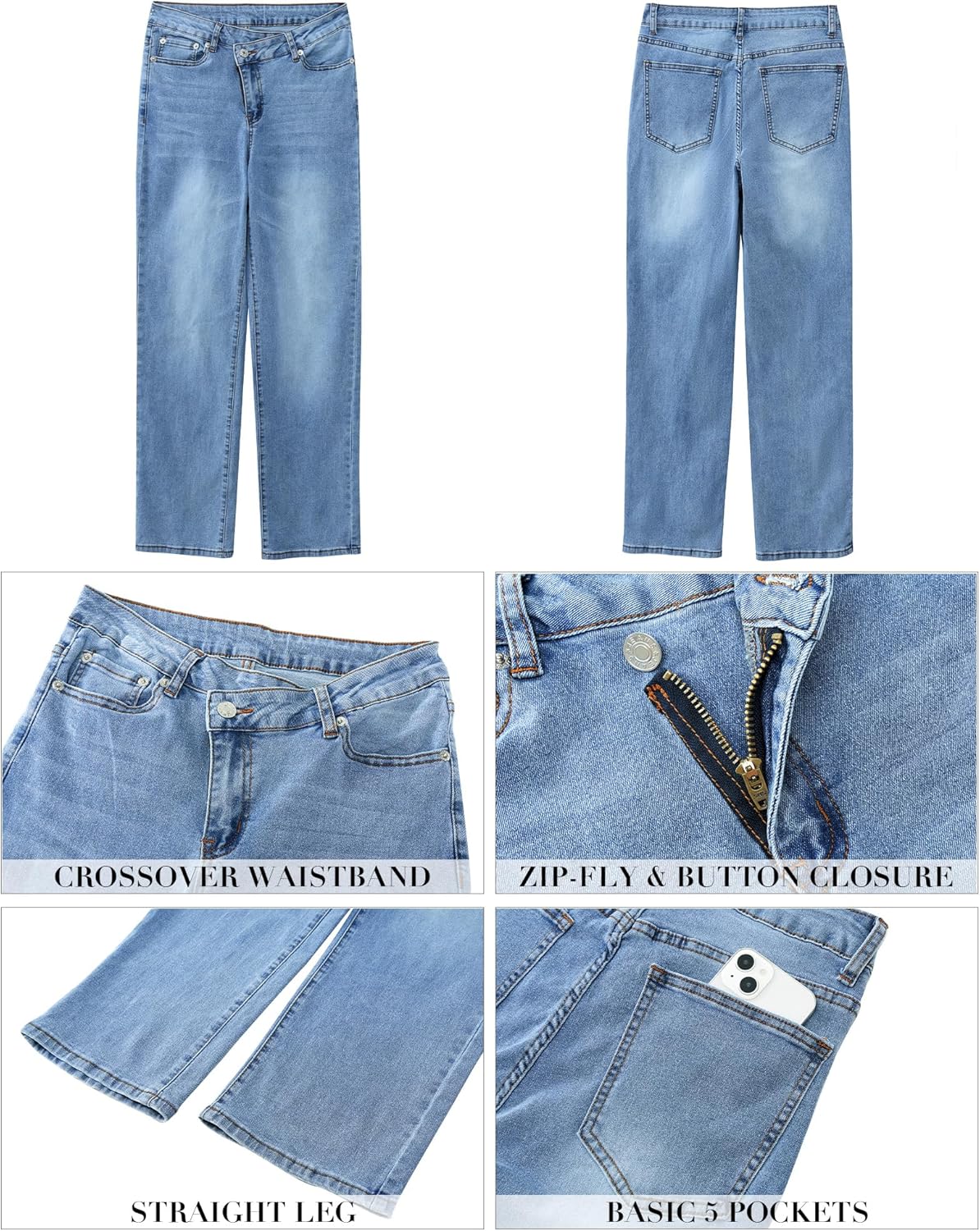 GRAPENT Baggy Jeans for Women High Waisted Straight Leg Crossover Trendy Stretch Denim Pants Slouchy Jeans with PocketsMedium Blue