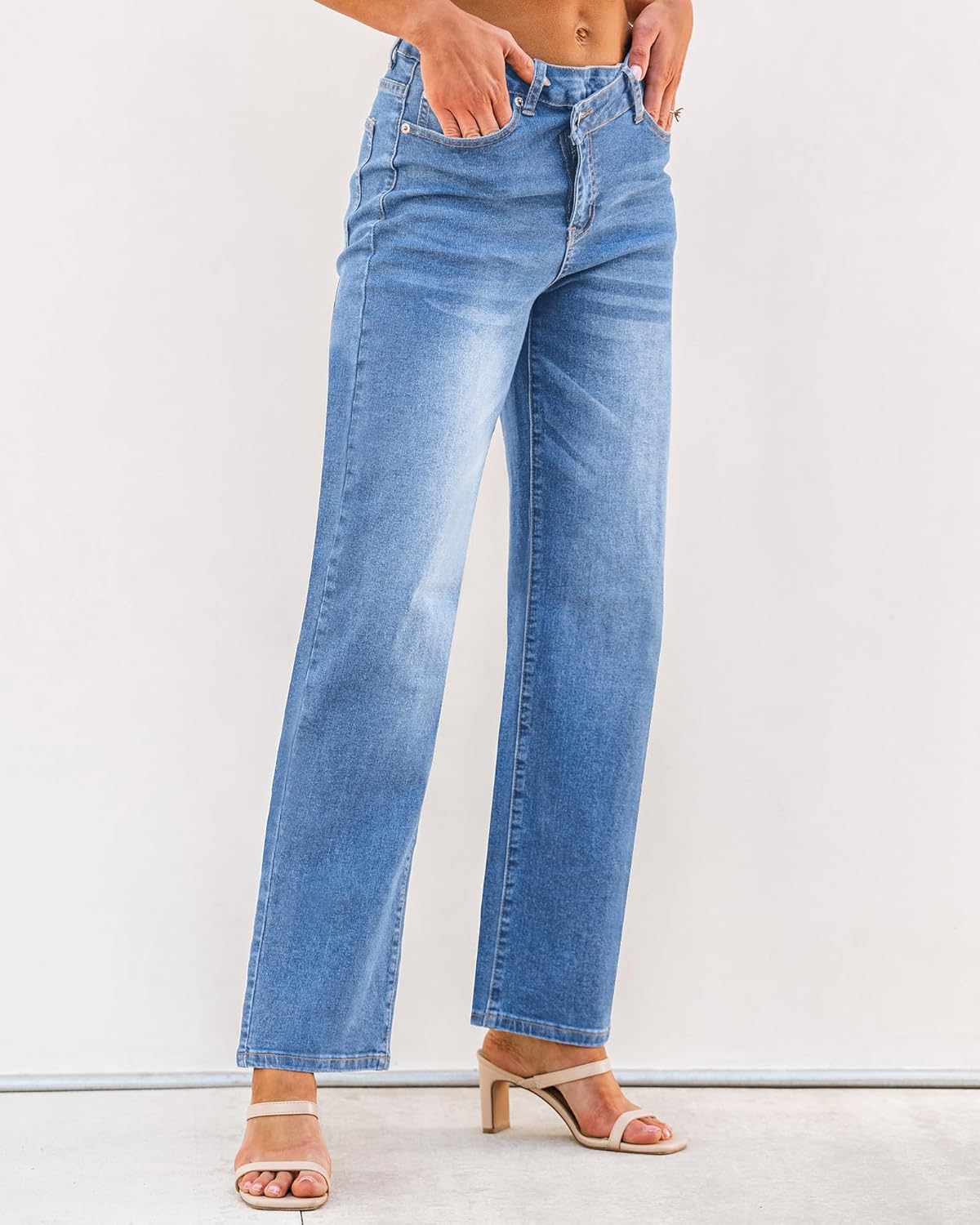 GRAPENT Baggy Jeans for Women High Waisted Straight Leg Crossover Trendy Stretch Denim Pants Slouchy Jeans with PocketsMedium Blue
