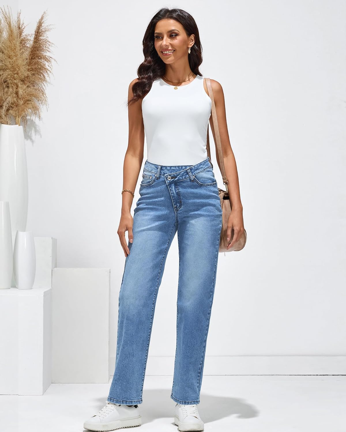 GRAPENT Baggy Jeans for Women High Waisted Straight Leg Crossover Trendy Stretch Denim Pants Slouchy Jeans with PocketsMedium Blue