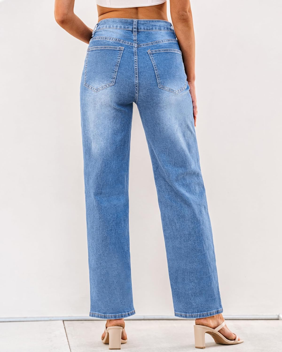 GRAPENT Baggy Jeans for Women High Waisted Straight Leg Crossover Trendy Stretch Denim Pants Slouchy Jeans with PocketsMedium Blue