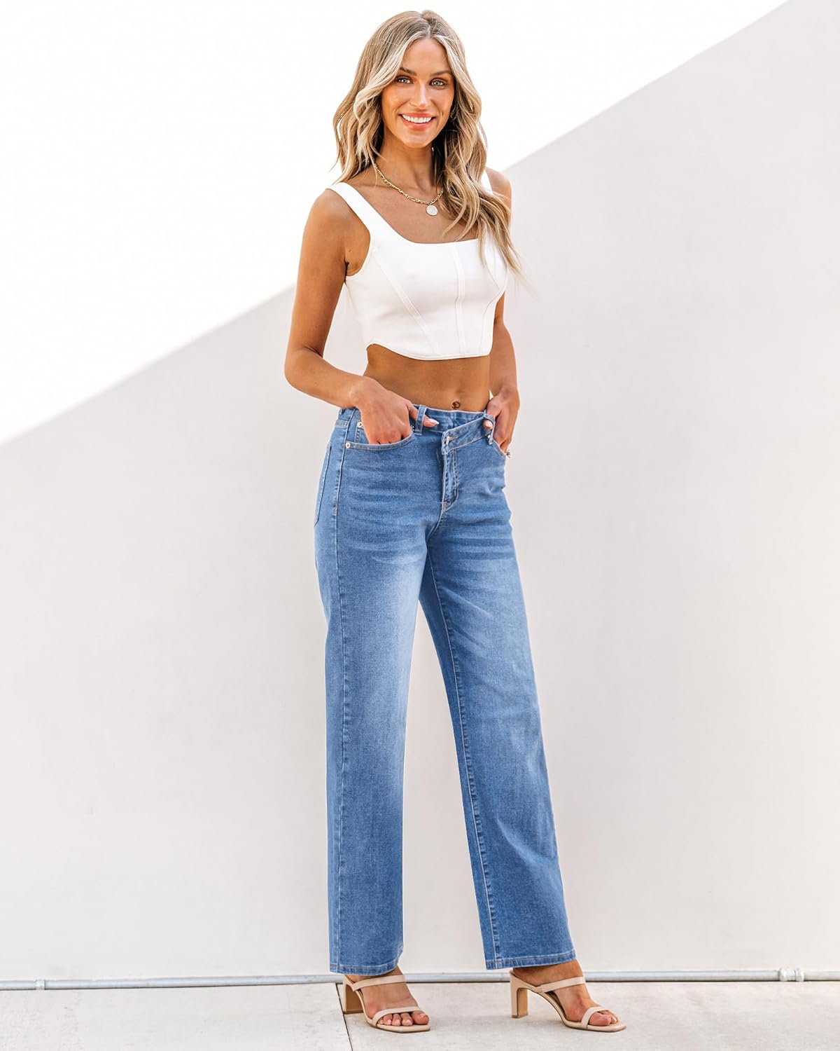 GRAPENT Baggy Jeans for Women High Waisted Straight Leg Crossover Trendy Stretch Denim Pants Slouchy Jeans with PocketsMedium Blue