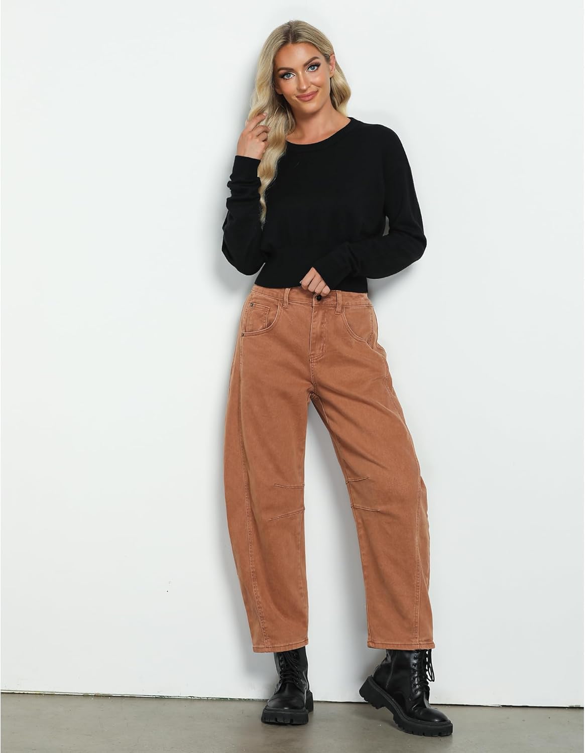 GRAPENT Barrel Jeans for Women Trendy High Waisted Wide Leg Baggy Cropped Relax Fit Stretch Denim Trouser Ankle PantsCaramel