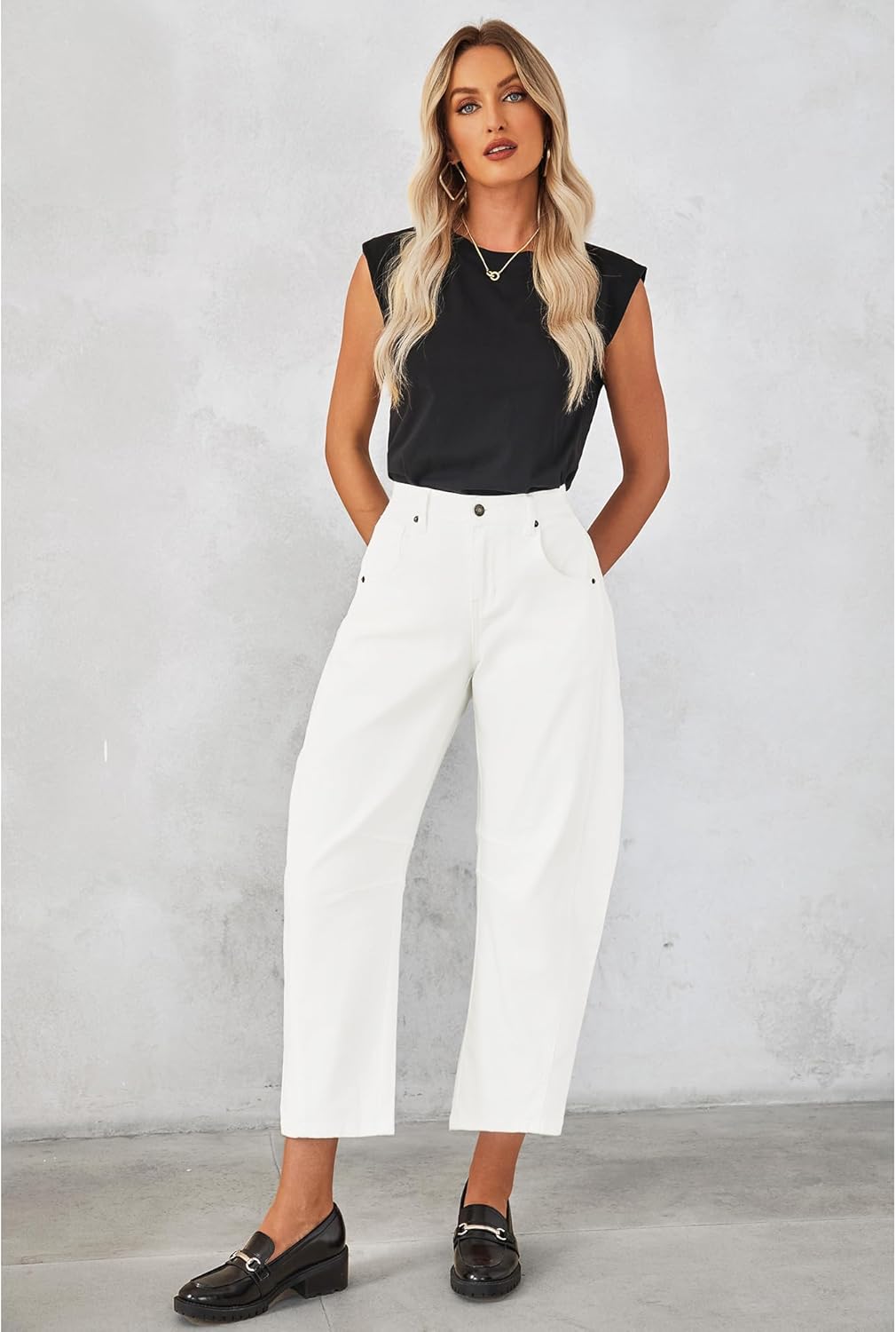 GRAPENT Barrel Jeans for Women Trendy High Waisted Wide Leg Baggy Cropped Relax Fit Stretch Denim Trouser Ankle PantsCream White