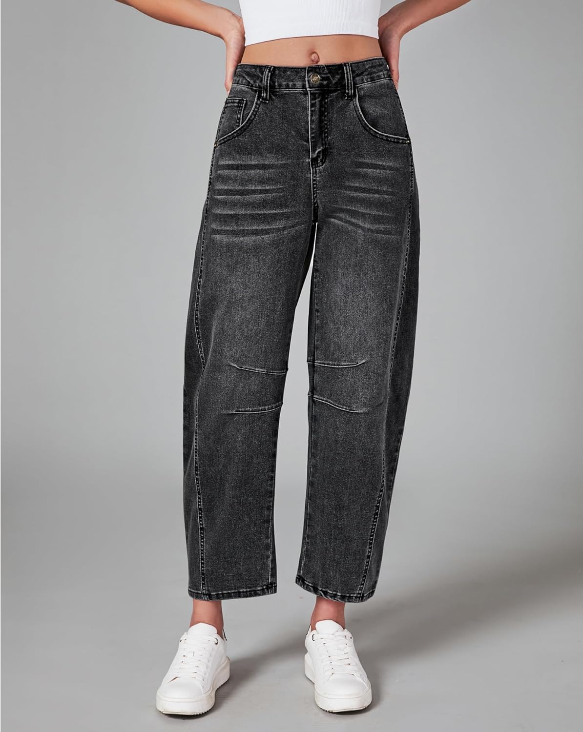 GRAPENT Barrel Jeans for Women Trendy High Waisted Wide Leg Baggy Cropped Relax Fit Stretch Denim Trouser Ankle PantsFaded Black