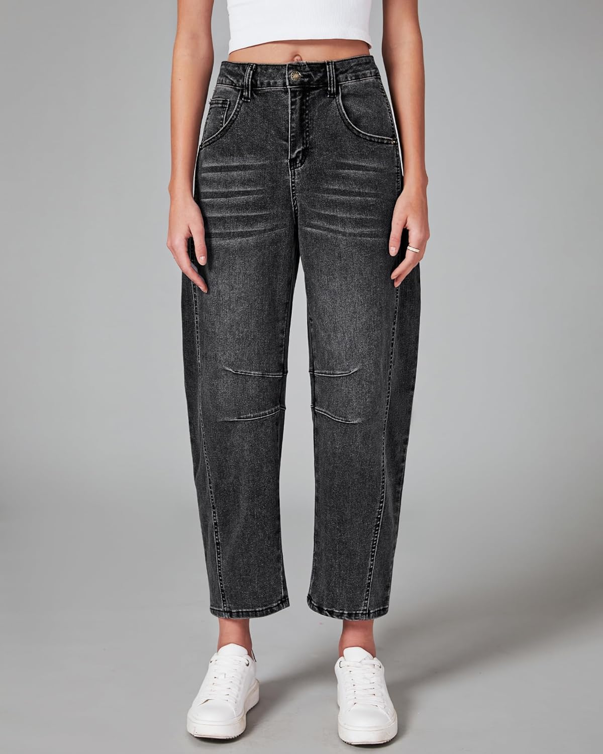 GRAPENT Barrel Jeans for Women Trendy High Waisted Wide Leg Baggy Cropped Relax Fit Stretch Denim Trouser Ankle PantsFaded Black