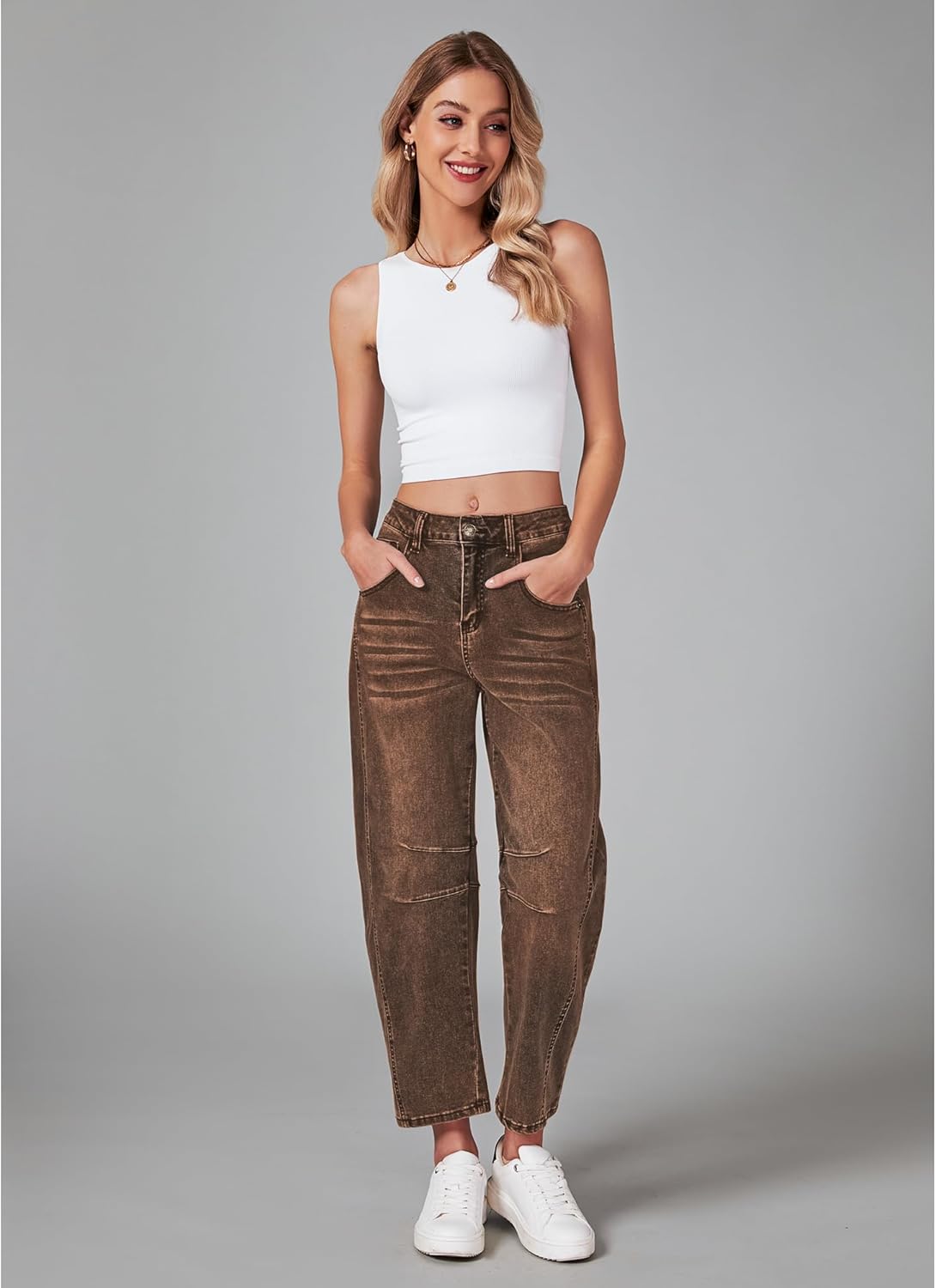 GRAPENT Barrel Jeans for Women Trendy High Waisted Wide Leg Baggy Cropped Relax Fit Stretch Denim Trouser Ankle PantsRoot Beer