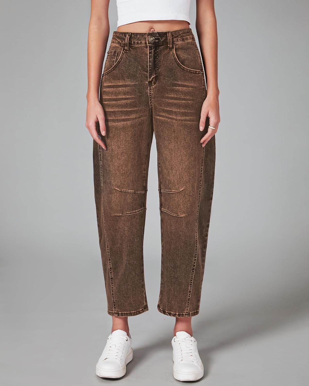 GRAPENT Barrel Jeans for Women Trendy High Waisted Wide Leg Baggy Cropped Relax Fit Stretch Denim Trouser Ankle PantsRoot Beer