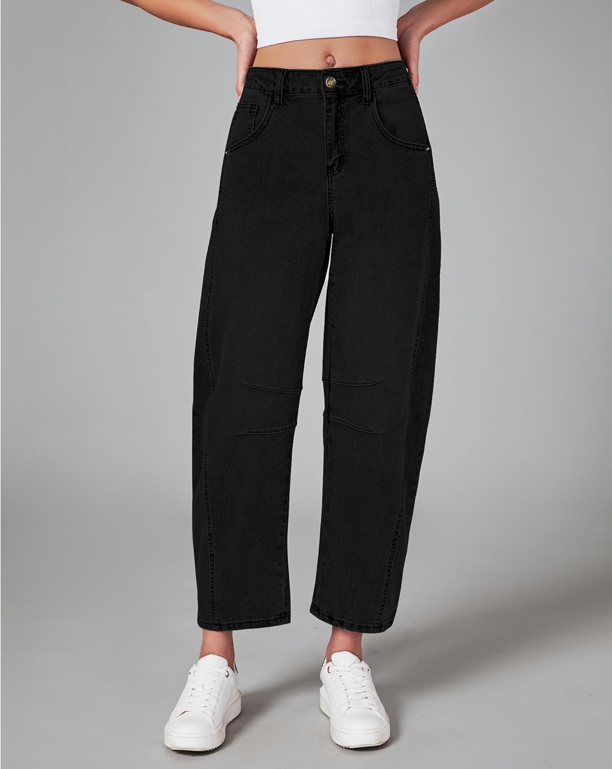 GRAPENT Barrel Jeans for Women Trendy High Waisted Wide Leg Baggy Cropped Relax Fit Stretch Denim Trouser Ankle PantsTrue Black