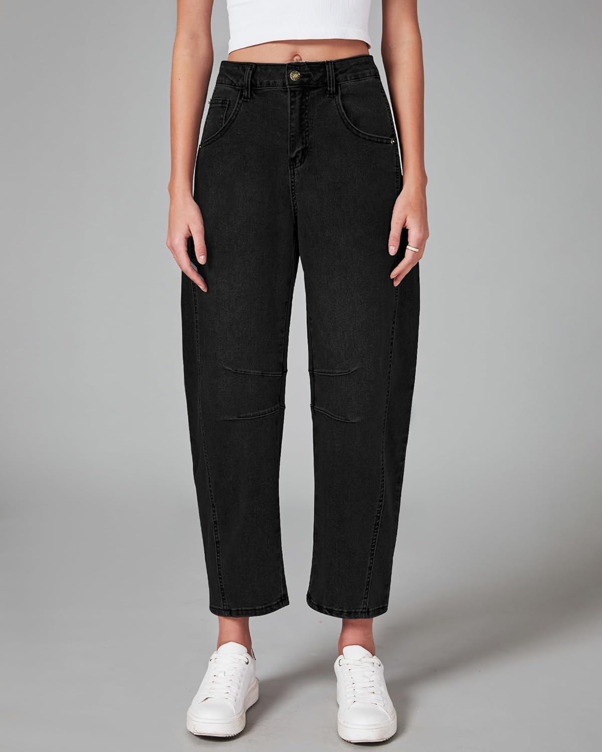 GRAPENT Barrel Jeans for Women Trendy High Waisted Wide Leg Baggy Cropped Relax Fit Stretch Denim Trouser Ankle PantsTrue Black
