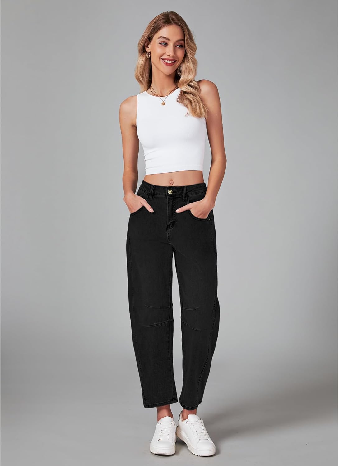 GRAPENT Barrel Jeans for Women Trendy High Waisted Wide Leg Baggy Cropped Relax Fit Stretch Denim Trouser Ankle PantsTrue Black