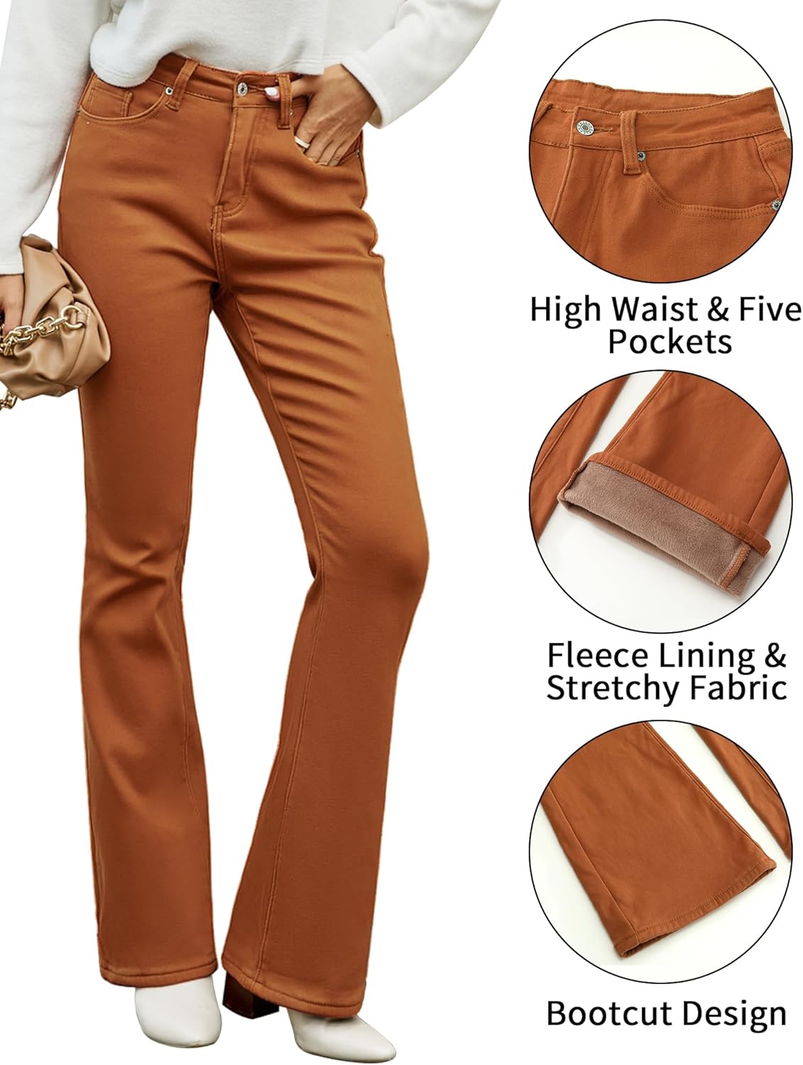 GRAPENT Bootcut Jeans for Women High Waist Stretchy Fleece Lined Pants Flare Jeans Denim Thermal Pants Winter ClothesApricot Orange