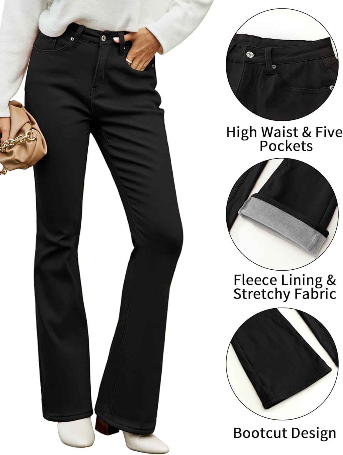 GRAPENT Bootcut Jeans for Women High Waist Stretchy Fleece Lined Pants Flare Jeans Denim Thermal Pants Winter ClothesBlack