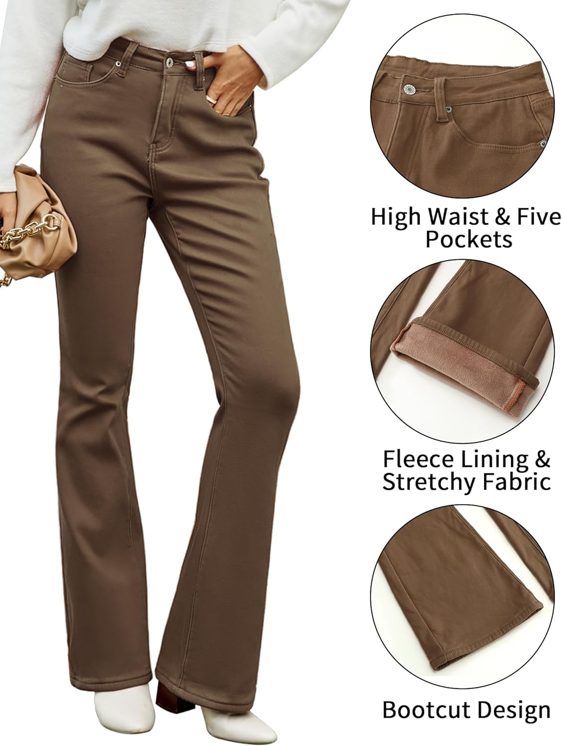 GRAPENT Bootcut Jeans for Women High Waist Stretchy Fleece Lined Pants Flare Jeans Denim Thermal Pants Winter ClothesBrown