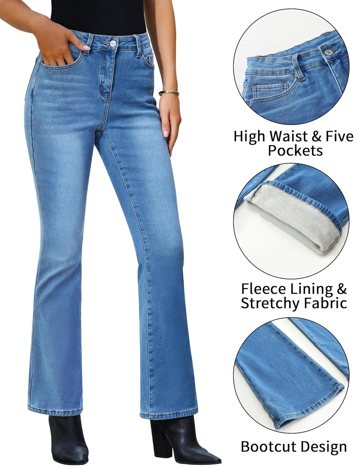GRAPENT Bootcut Jeans for Women High Waist Stretchy Fleece Lined Pants Flare Jeans Denim Thermal Pants Winter ClothesClassic Blue