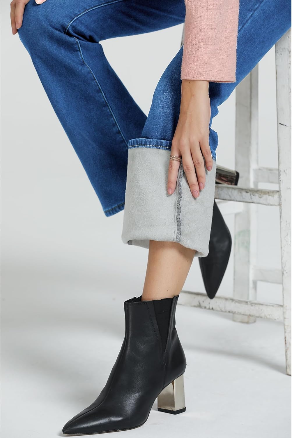 GRAPENT Bootcut Jeans for Women High Waist Stretchy Fleece Lined Pants Flare Jeans Denim Thermal Pants Winter ClothesClassic Blue