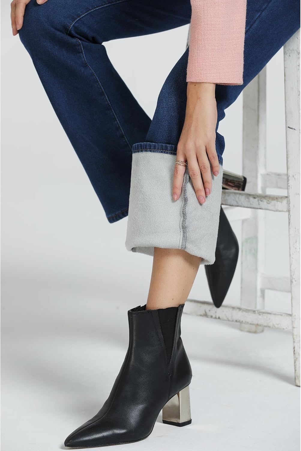 GRAPENT Bootcut Jeans for Women High Waist Stretchy Fleece Lined Pants Flare Jeans Denim Thermal Pants Winter ClothesDeep Blue
