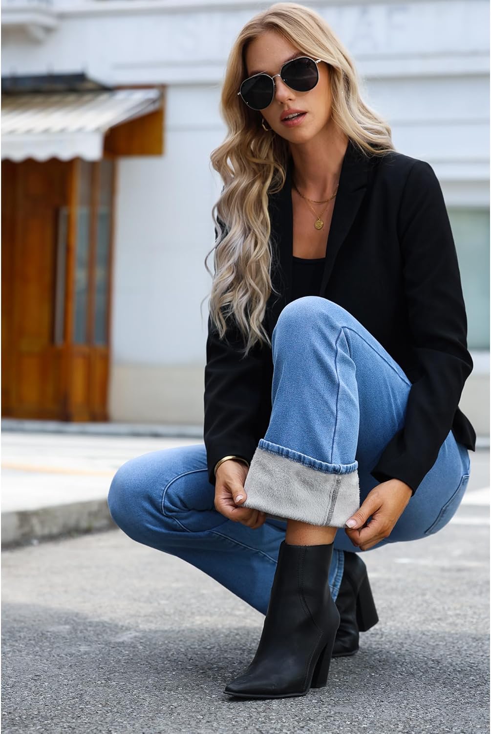 GRAPENT Bootcut Jeans for Women High Waist Stretchy Fleece Lined Pants Flare Jeans Denim Thermal Pants Winter ClothesMedium Blue