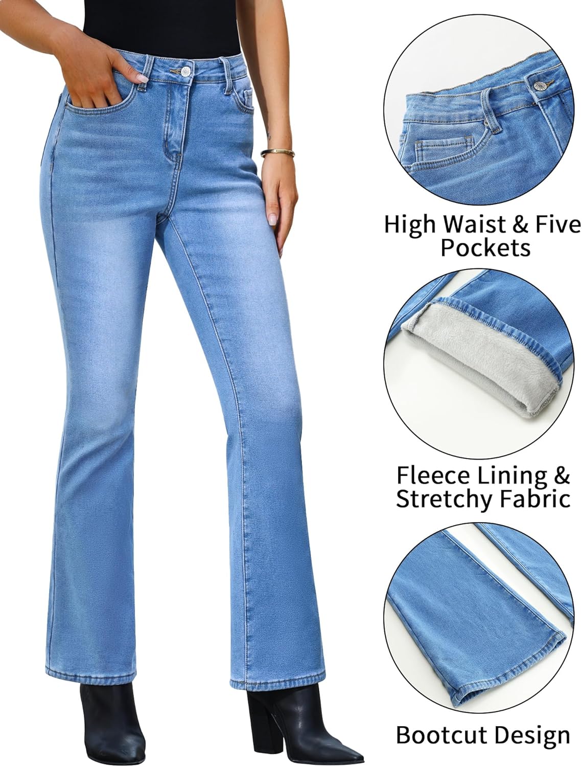 GRAPENT Bootcut Jeans for Women High Waist Stretchy Fleece Lined Pants Flare Jeans Denim Thermal Pants Winter ClothesMedium Blue