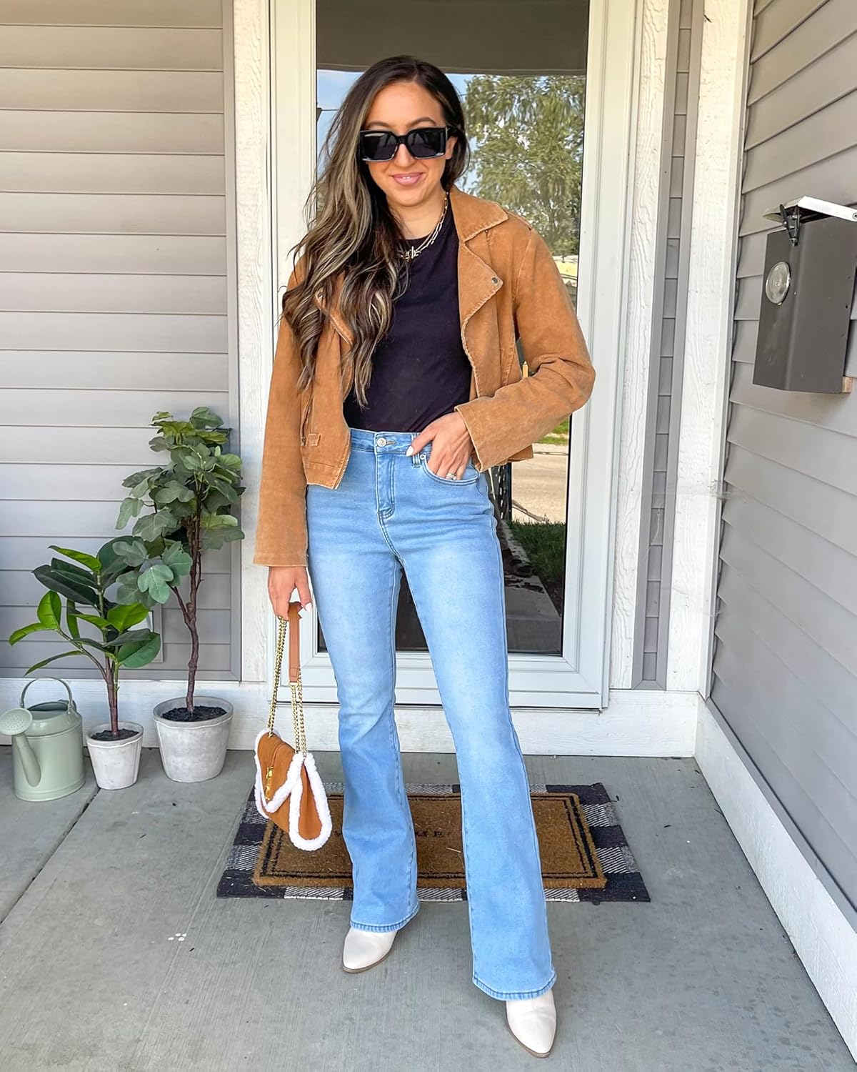 GRAPENT Bootcut Jeans for Women High Waist Stretchy Fleece Lined Pants Flare Jeans Denim Thermal Pants Winter ClothesPowder Blue